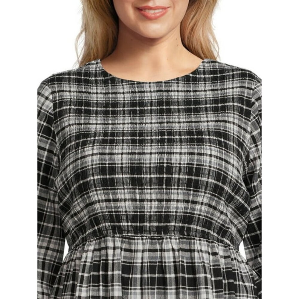 Terra & Sky Women's Plus Size 1X, 3X, 4X Tiered Peasant Midi Dress Plaid Black - Picture 4 of 9